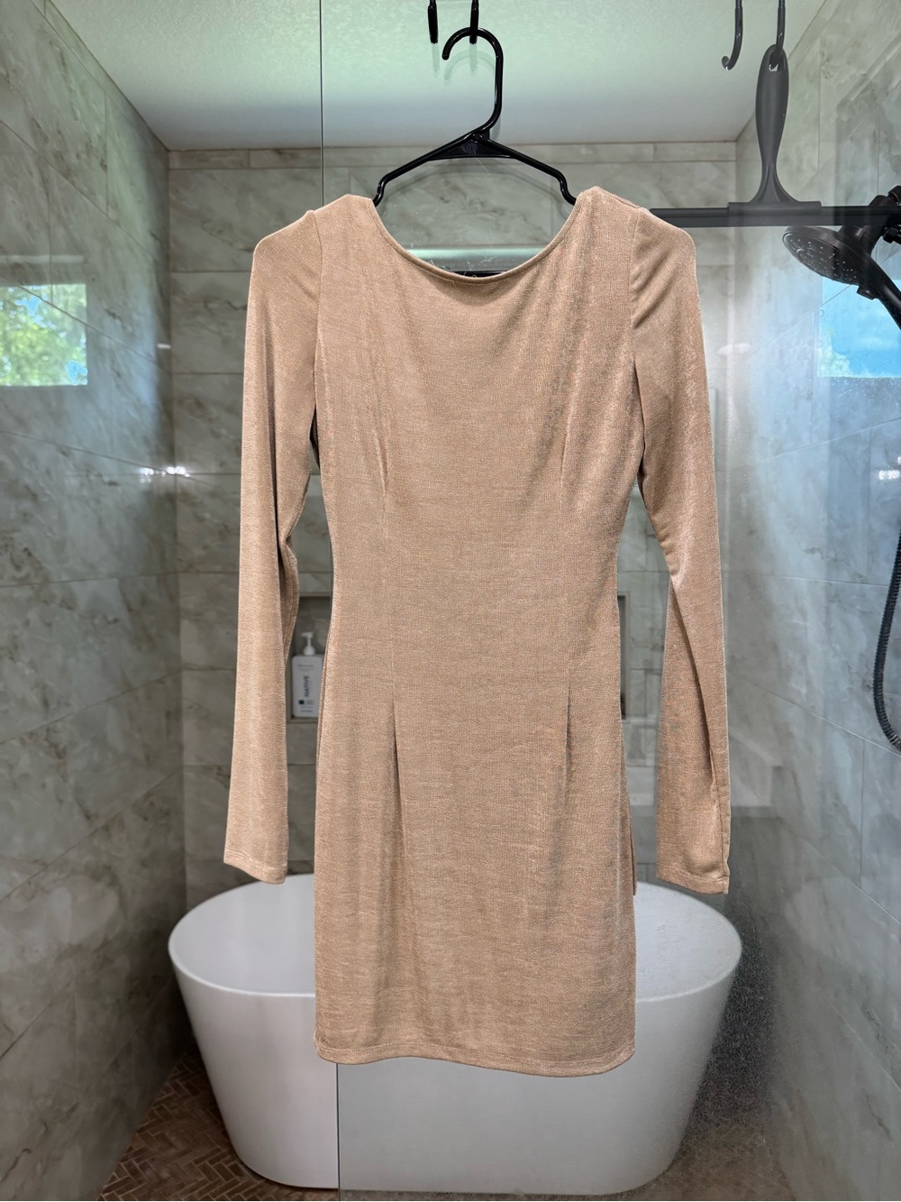 MARBLE Long-Sleeve Bodycon Dress in Champagne Beige